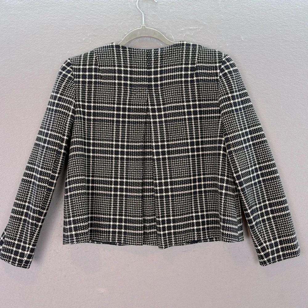 Zara women’s Cropped Checkered Blazer plaid Collarless Jacket 7/8 sleeves SZ XS
